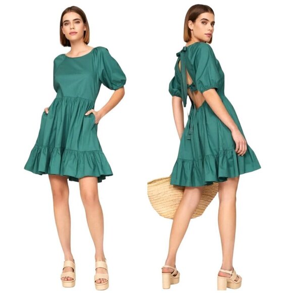 Peter Som Collective Dress‎ Womens 12 Green Puff Sleeve Tie Fit And Flare Mini - Picture 1 of 12